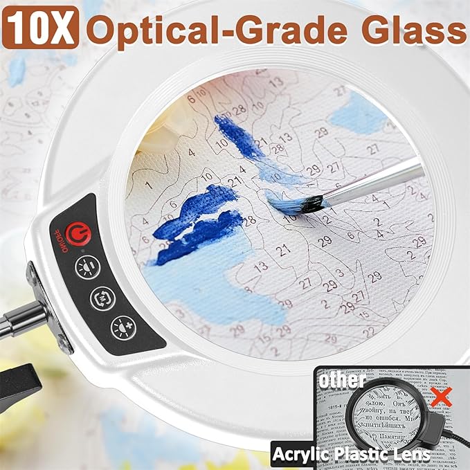 LANCOSC 10X Magnifying Glass with Light and Stand, 3-in-1 Adjustable Swing Floor Lamp, 5 Color Modes Stepless Dimmable, LED Lighted Hands Free Magnifier & Clamp for Reading, Crafts, Painting - White