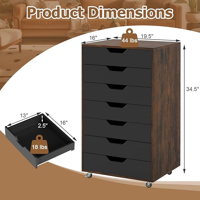 7 Drawer File Cabinet, 34.5" Vertical Storage Drawer Cart, Under Desk Office Organizer, Wooden Printer Stand, Rolling Filing Cabinet for Home Office (Rustic Brown)