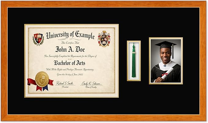CountryArtHouse Diploma Tassel and Photo Shadowbox Fits 14 x 11 College Diploma (Modern) with Tassel Hook and Honey Oak Genuine Hardwood with Black Over Metallic Gold Double mat