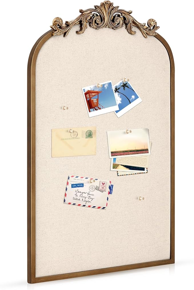 Vintage Framed Pin Board Linen Display Bulletin Board Large Cork Fabric Picture Photo Pinboard Memo Ornate Decorative Pinboard Ornate for Wall Gift(Arch,19" X 31",Retro Golden)