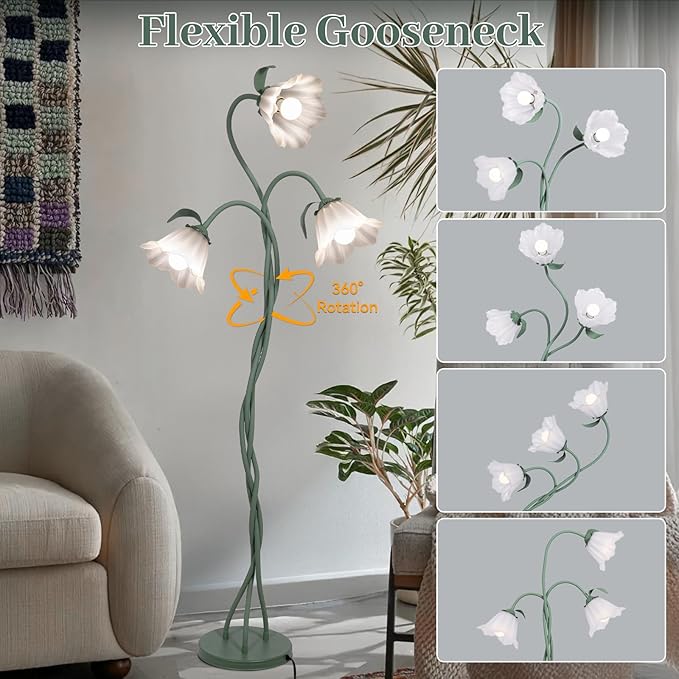Vintage 3 Heads Flower Floor Lamp with Adjustable Gooseneck Corner Standing Tall Floor Lamp 3 Color Modes for Living Room Bedroom Reading Decoration Vine Floral Lamp with Lily of The Valley