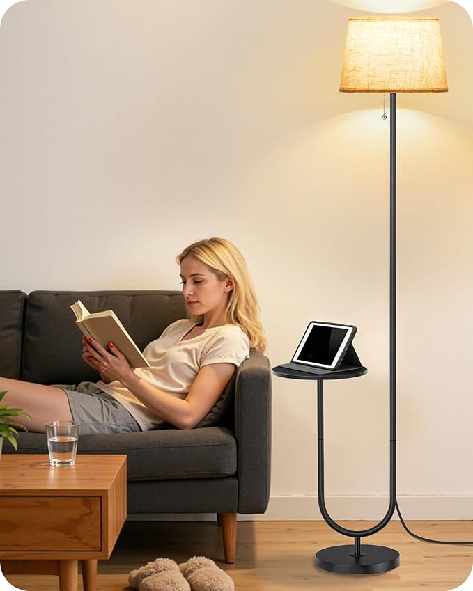 Floor Lamp with Side Table, Standing Lamp for Living Room with Tray, Pull-Chain Switch, for Living Room, Bedroom, 3 Color Temperatures, 9W LED Bulb Included, Black and Beige BE21LD05