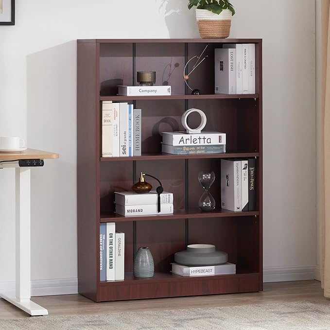 Farini Mahogany Bookshelf for Bedroom 4 Shelf Office Bookcase 48 Inches Tall Modern Wood Bookshelf for Living Room 4 Tier Wide Manga Books