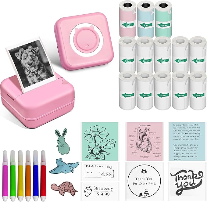 Aptika Sticker Printer - Mini Printer with 14 Rolls Self-Adhesive Papers, Pocket Label Maker for iPhone/Android, Bluetooth Thermal Machine for Students Children Birthday, Pink