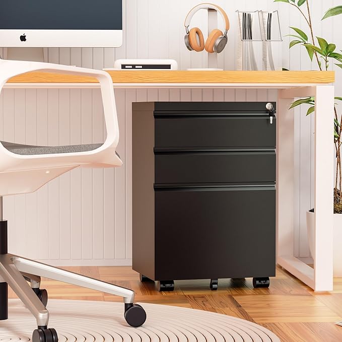 Oakcloud 3 Drawer Mobile File Cabinet for Home Office, Roller Metal Vertical File Storage for A4/F4/Letter/Legal Size, Easy Assemble (Mobile-Black)
