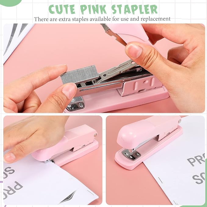 Sabary Office Supplies Set Desk Accessory Kit Include Stapler, Staples, Staple Remover, Tape Dispenser, 22 Binder Clips, 30 Paper Clips, 20 Push Pins, 2 Rolls Tape, for Women (Pink)