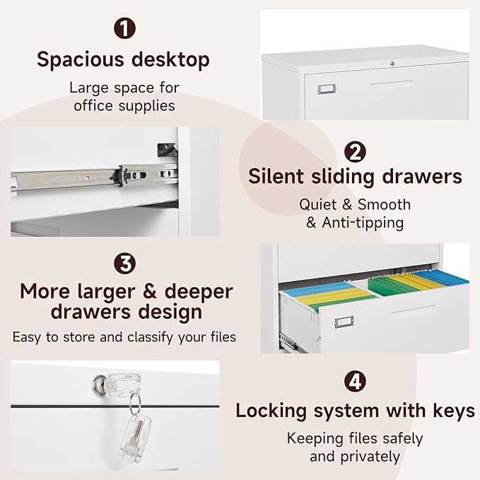 4 Drawer Lateral File Cabinet with Lock, Metal Filing Cabinets for Home Office, Wide Locking File Caninets, White Office Storage Cabnet for Hanging Letter/Legal / A4 / F4 - Assembly Required