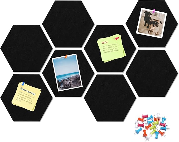 8 Pack Hexagon Felt Bulletin Board Tiles - 11.8" Large Thick Pin Board for Walls with 30 Push Pins, DIY Boards for Office Home School Decor, Aesthetic Hex Cork Board Alternative
