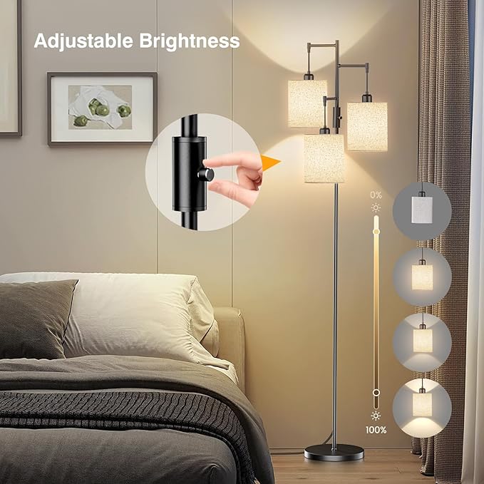 Dimmable Floor Lamp, Tall Standing Lamp with Linen Shade, Industrial Tree Floor Lamps for Living Room Bedroom Office, 3 x 1000LM LED Bulbs Included