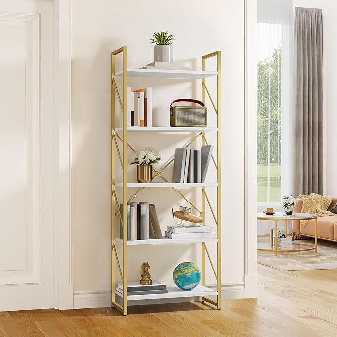 YITAHOME 5 Tiers Gold Bookshelf, Modern Bookshelf, Book Rack, Storage Rack Shelves in Living Room/Home/Office, Books Holder Organizer for Books/Movies, Gold MAYIH0000357MA