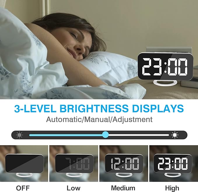 Sukeen Digital Alarm Clock,6" Large LED Display with Dual USB Charger Ports | Auto Dimmer Mode | Easy Snooze Function, Modern Mirror Desk Wall Clock for Bedroom Home Office for All People (White)