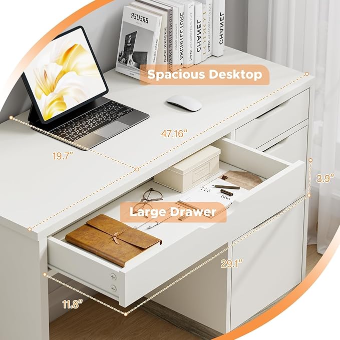 White Desk with Drawers, Small Home Office Desk with 4 Storage Drawers for Small Space, Study Writing Desk for Bedrrom