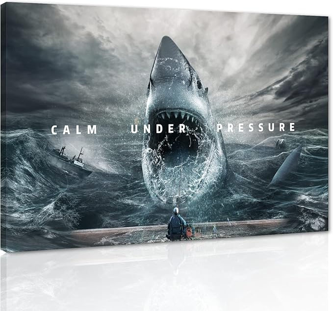 Motivational Wall Art Calm Under Pressure Inspirational Wall Decor Artwork Sharks and Angler Pictures Print Posters Stretched by Wooden Framed for Living Room Home Office Decor - 18”Hx24”W
