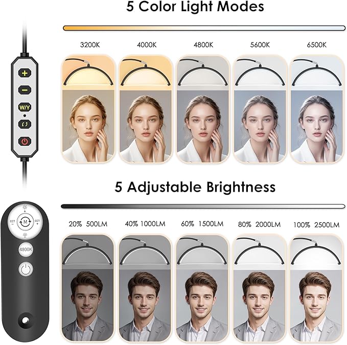 Half Moon Light for Lash Tech, Flexible Lash Lamp with Phone Holder for Eyelash Nail Art Tattoos Skincare, LED Floor Lamp Esthetician Light with 5 Color Temperatures & Brightness Setting