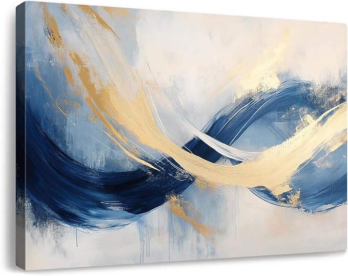 gaosoul Blue Gold Abstract Canvas Art Modern Oil Painting Giclee Print Bold Navy Azure Swirls with Metallic Gold Highlights for Living Room Home Office Decor Framed 24x16in