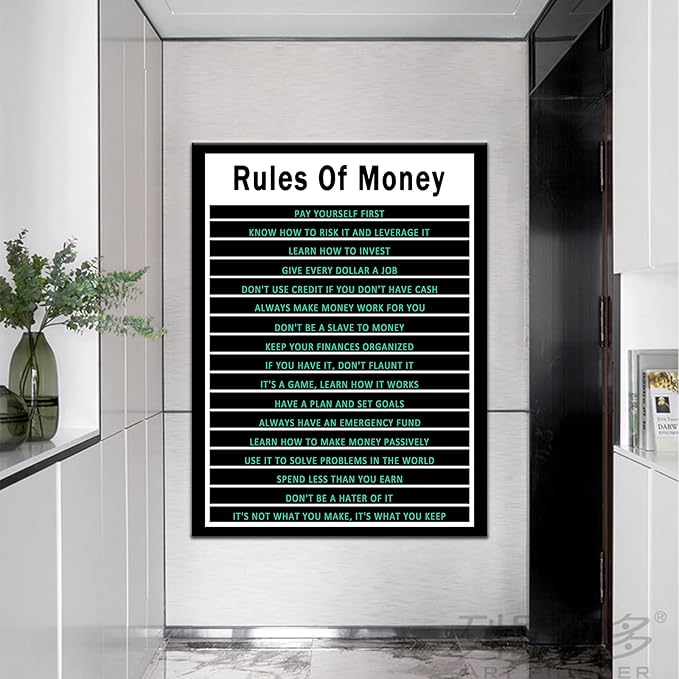 PSYYSP Motivational Canvas Wall Art for Office Rules Of Money Entrepreneur Quotes Poster Inspirational Positive Picture Poster Artwork for Home Living Room Gym Wall Decor Ready to Hang [30''Wx 40''H]