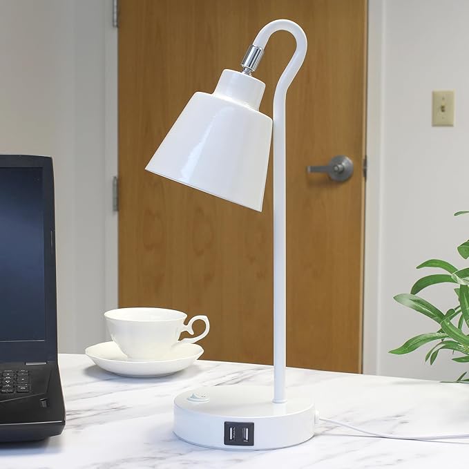 Simple Designs LD1073-WHT 16" Sleek Essentials Metal Looped Desk Task Lamp with Adjustable Shade and Dual USB Ports, for Office, Desk, Nightstand, White