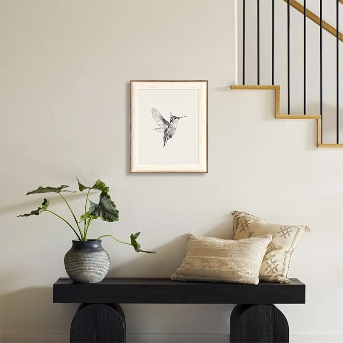 ASTRDECOR Hummingbird Wall Art Prints – Vintage Black and White Bird Sketch Painting Picture, Rustic Neutral Decor Canvas Wall Decor for Nursery, Bedroom, Living Room – Framed 10''x12''