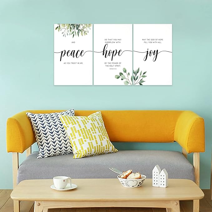 3 Piece Inspirational Wall Art, White Plants Background Picture, Quotes "Peace Hope Joy" Canvas Print for Home Decor, Triptych Motivational Poster Framed Artwork for Classroom Wall Decor (48"Wx24" H)