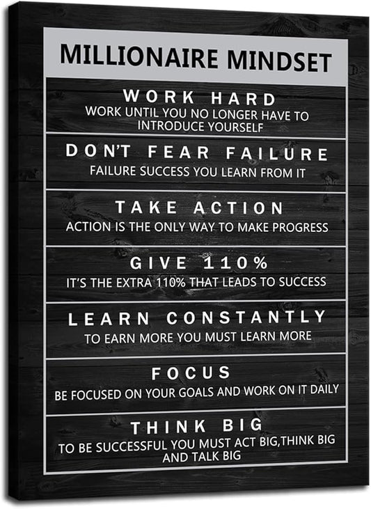 Millionaire Mindset Inspirational Canvas Wall Art Motivational Positive Quotes Office Home Decor Success Painting Poster Print Office Home Wall Decor Frame Ready to Hang[18" W x 24" H]