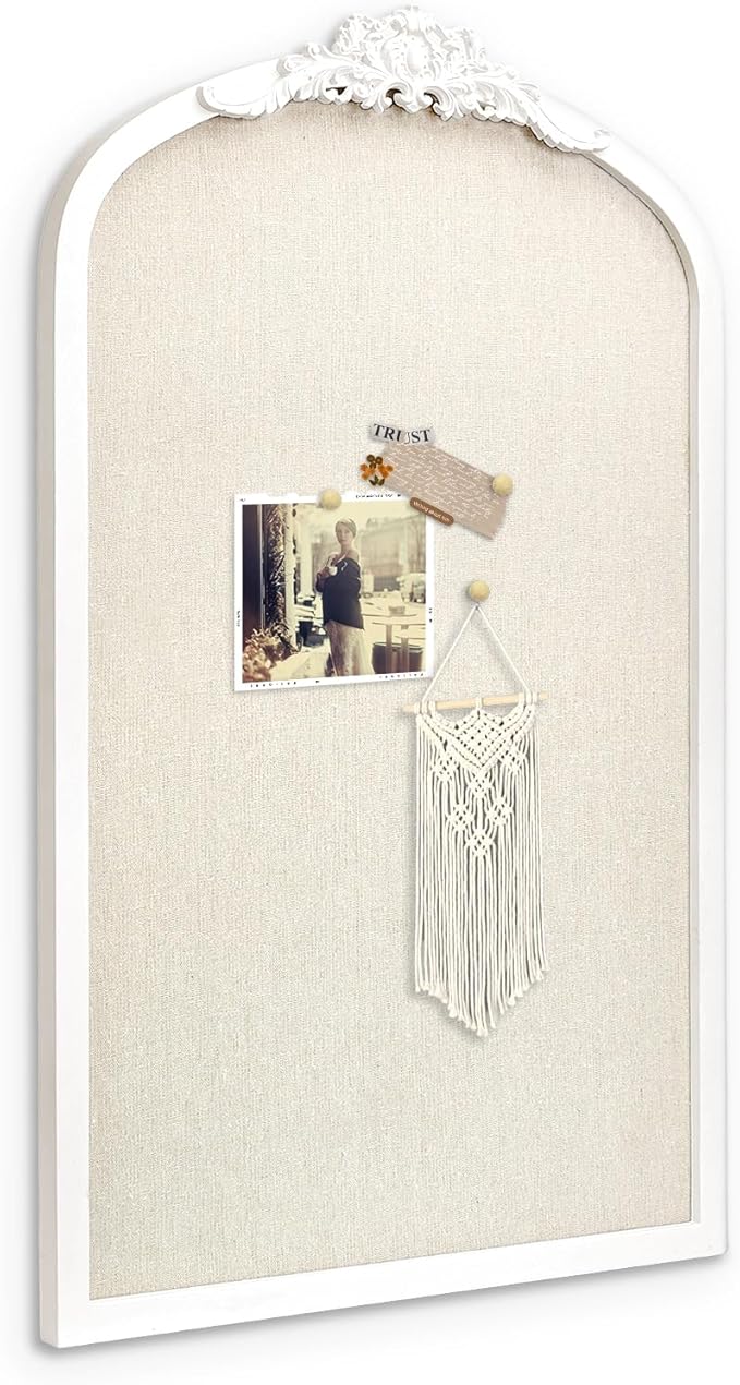 Bulletin Board with Linen, Vintage Arch Framed Pin Board – 19 x 31 White Cork Board for Walls, White Pine Wood Frame, Fabric Pinboard, Vision Board for School, Home & Office