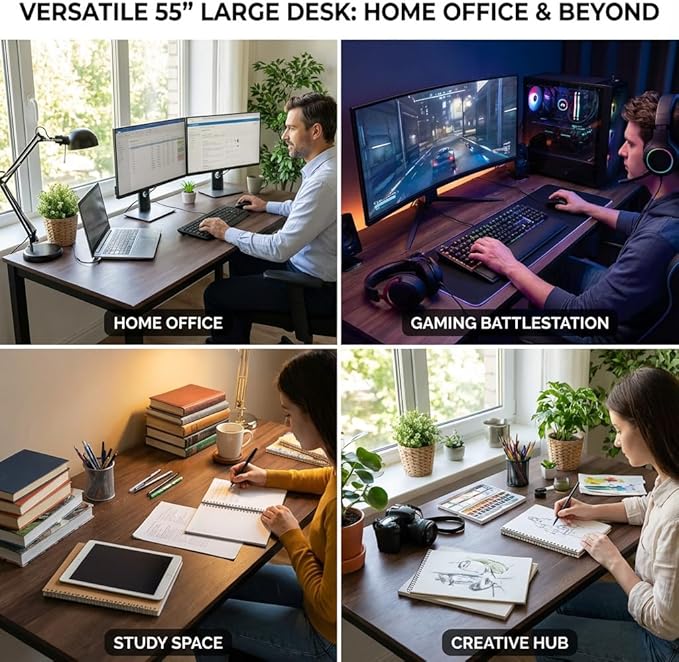 55 inch Large Computer Desk Wood, Modern Simple Style Desk for Home Office, Bedroom, Study Student Writing Desk, Small Spaces, Black Metal Frame, Walnut Top