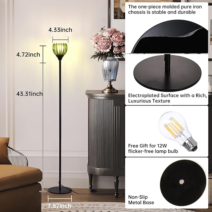 Floor Lamps for Living Room, Bedroom, Black Standing Lamp with 12W Bulb, Vintage Floor Lamp for Reading, Nursery, Corner (Green Tulip)