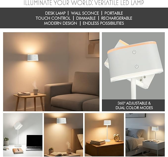 2 Pack Cordless Table Lamps, Rechargeable Touch Lamps for Nightstand & Dining Table, 3 Color Temps 3000K-6500K, Dimmable, Dual-Tone Design, USB-C Portable Bedside Lights, Set of 2, White