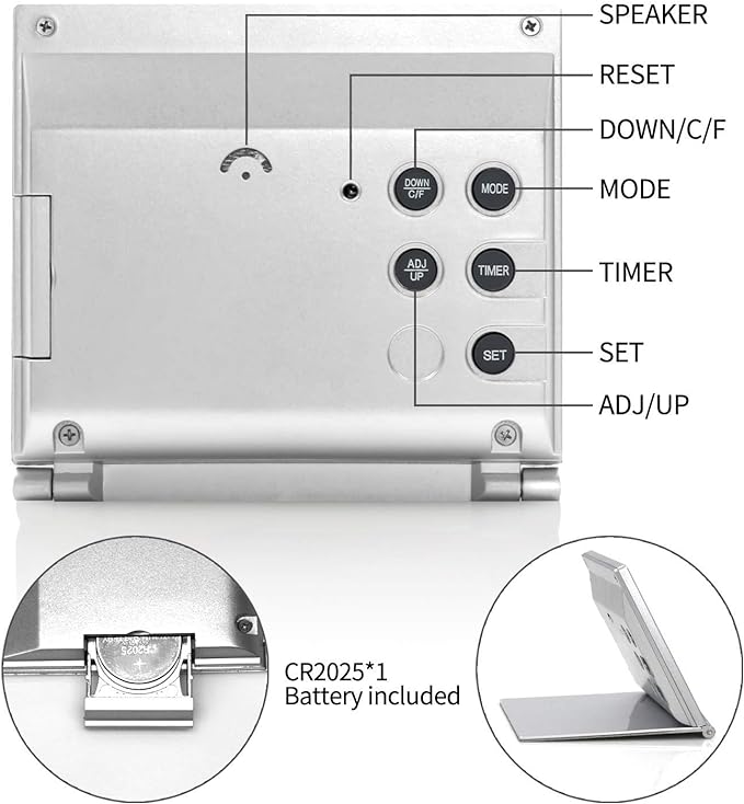 Betus Digital Travel Alarm Clock - Foldable Calendar Temperature Timer LCD Clock with Snooze Mode - Large Number Display, Battery Operated - Compact Desk Clock(Silver, No Backlight)