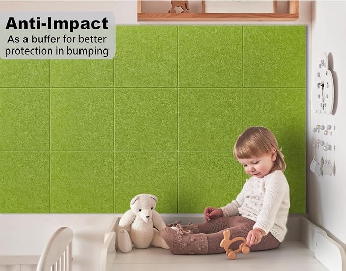 Felt Wall Tiles Bulletin Board Large Cork Board Alternative 12 Pack 11.81”x11.81”x0.47” Felt Pin Board Tack Board with Safe Removable Adhesive Tabs for Home Office School 48x36(Grass Green)