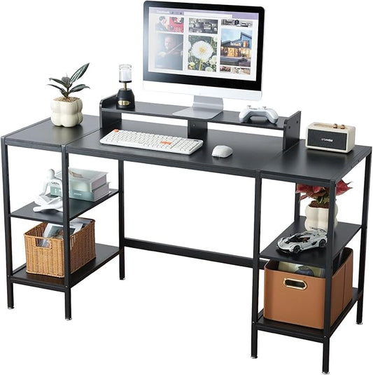 Computer Desk 55-inch with Storage Shelf - Black Ideal Gaming Desk for Bedrooms, Small Spaces, and Home Offices Modern Writing Desk for PCs.