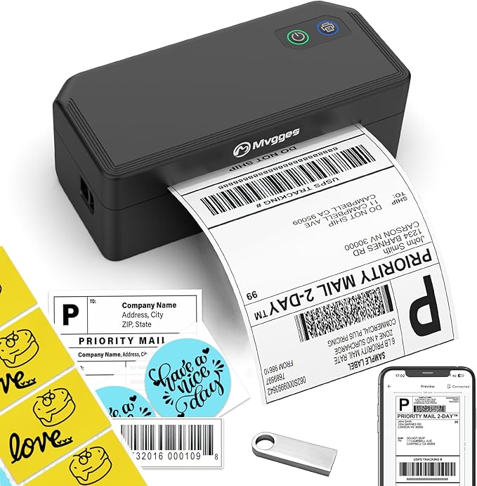 Mvgges Shipping Label Printer,Bluetooth 4x6 Thermal Label Printer for Small Business Office or Home, Compatible with Android, iOS, Windows and Mac, Widely Used for Amazon,USPS,Etsy