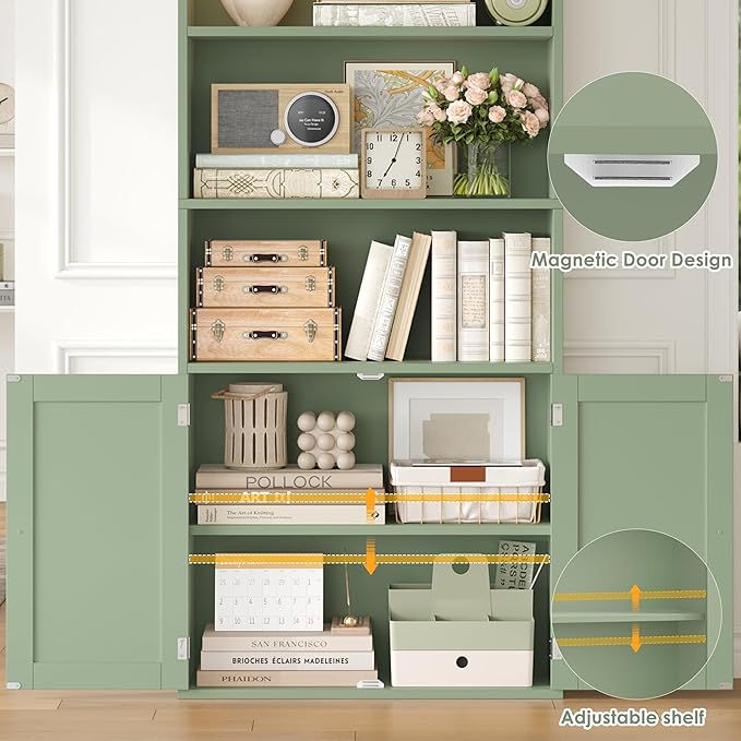 FACBOTALL 82" Tall Bookcase and Book Shelf, 24" Wide Bookshelf with Doors, 7 Tier Bookcase with Storage and Adjustable Shelf, Open and Display Farmhouse Bookshelf for Living Room, Home Office, Green