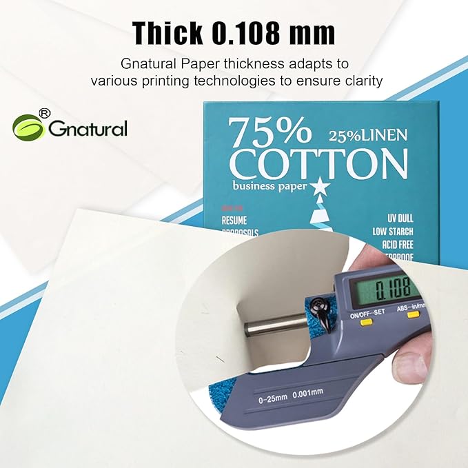 75% Cotton 25% Linen Business Paper, 85gsm 8.5”×11” Inkjet Printer Paper, Waterproof White Copy Paper -100 Sheets Printing Paper（Low Starch）