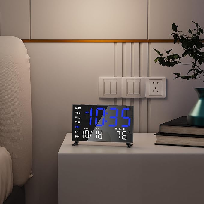 Mirror Digital Loud Alarm Clock with with Date,Indoor Temperature,USB Charging Port,Dimmer,Dual Alarms,Adjustable Volum,12/24H, Snooze, Perfect for Bedroom and Living Room (Black+Blue Digit)