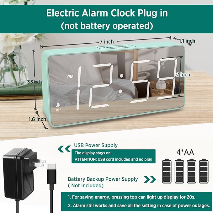 Peakeep Digital Clock, Alarm Clock Battery Backup Powered for Bedrooms - Mirror Face Large Numbers 6 Dimmers for Seniors, Super Loud for Heavy Sleepers (Aqua)