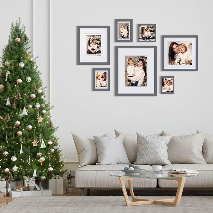 Egofine 8x8 Picture Frames 4 Pack for Picture 4x4 with Mat or 8x8 whitout Mat Made of Solid Wood Covered by Plexiglass for Table Top Display and Wall Mounting Photo Frame, Dark Gray