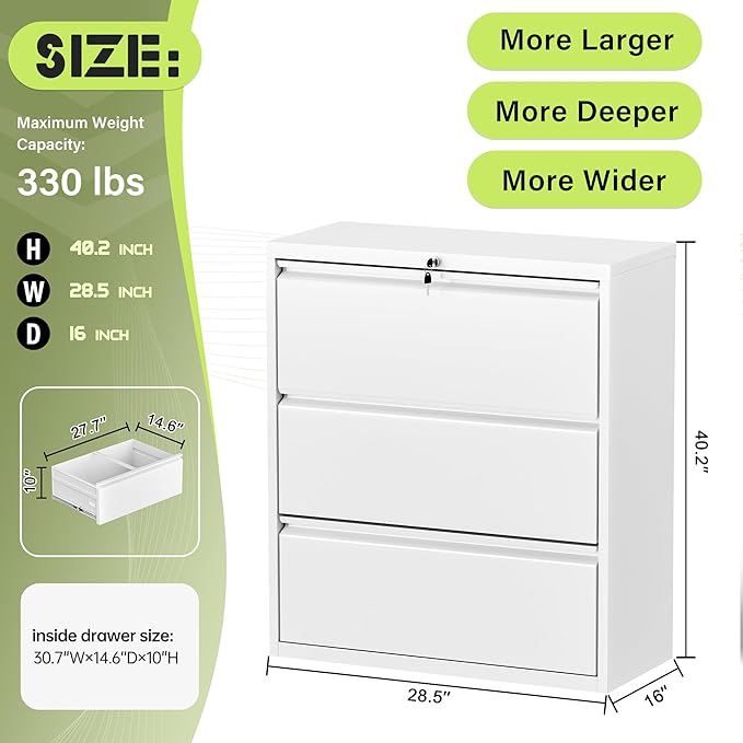Incbruce 28" W 3 Drawer Lateral File Cabinet, Metal 3 Drawer Lateral Filing Cabinet with Lock, Steel Wide Filing Organization Storage Cabinet for Home, Office, Fit A4/F4/Letter/Legal File (White)