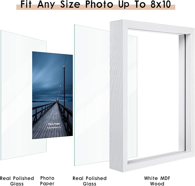 MUYE 8x10 Floating Frame Set of 2,Double Real Glass Photo Frame for Wall Hanging or Tabletop Standing,Display Any Size Photo up to 8x10,White