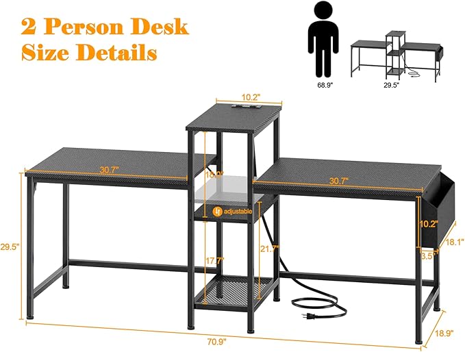 Furologee Double Desk with Power Outlets, 71 Inch Computer Desk with Storage Bag and Headphone Hooks, Gaming Desk Study Writing Table for Home Office, Black