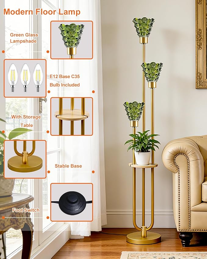 Lightdot Green Glass Floor Lamp with Shelf, 63IN Mid Century Modern Gold Standing Lamps with 3 3000K Soft Warm White Bulbs Included, Floor Lamp for Living Room/Wedding/Office