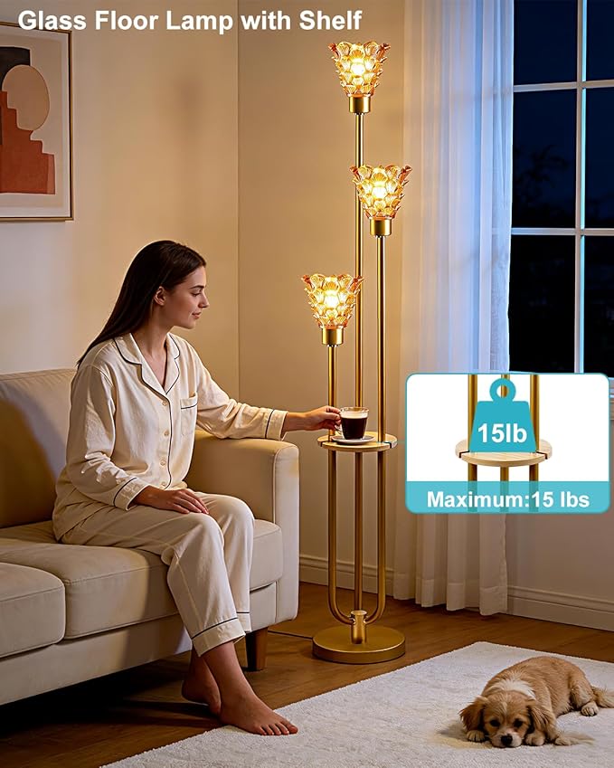 3-Light Modern Glass Floor Lamp with Shelf, Gold Tall Standing Lamp with Amber Flower Glass Shade, LED Floor Lamp with Foot Switch for Living Room Bedroom Home Decor, Bulb Included