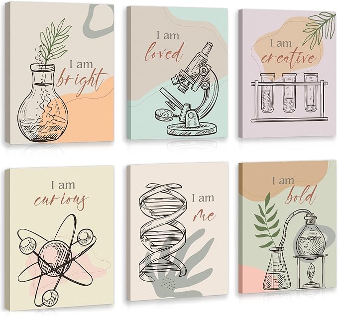 CHDITB Boho Science Wall Decor, Chemical Microscope Framed Canvas Wall Art Set, Funny Scientific Inspiring Quote Artwork Painting, Inspiring Quote Art Prints For Kids Room Nursery Decor(12X16 Inch)