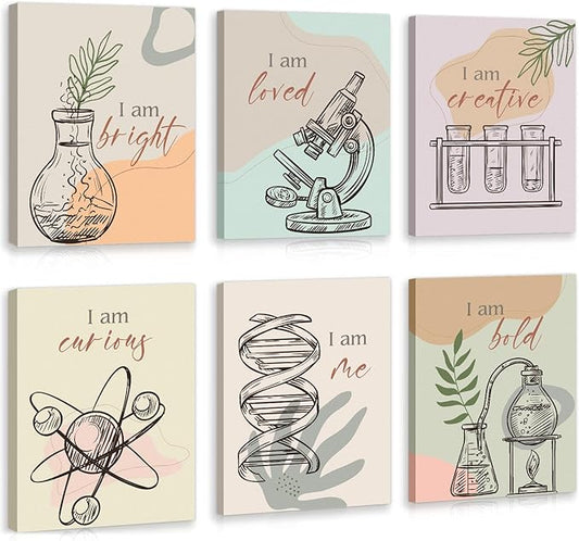 CHDITB Boho Science Wall Decor, Chemical Microscope Framed Canvas Wall Art Set, Funny Scientific Inspiring Quote Artwork Painting, Inspiring Quote Art Prints For Kids Room Nursery Decor(12X16 Inch)