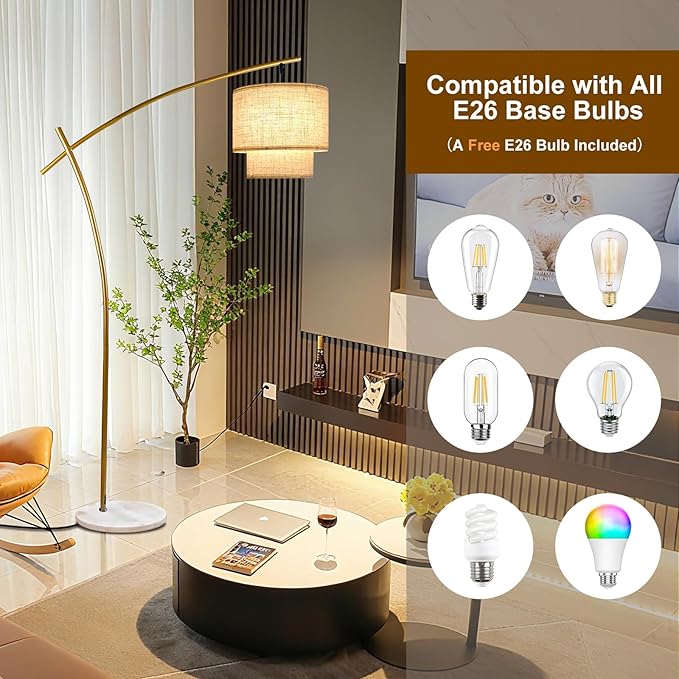 Lightdot Arc Floor Lamp for Living Room, Modern Standing Tall Lamps with Double Linen Shade, Tall Hanging Pole Lamp with Stable Base & Bulb Included for Bedroom/Sofa Beside/Corner Decor-Gold
