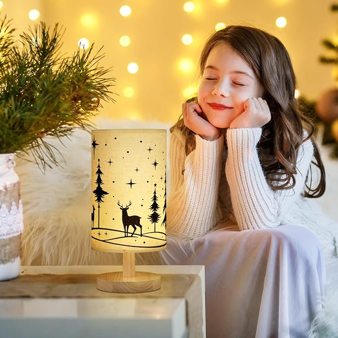 Christmas Lamp Christmas Decorations Indoor 11.6 Inch Small Xmas Tree Deer Bedside Table Light LED Desk Light USB Nightstand Lamp with Non Slip Wood Base Lampshade for Gifts Home Desk