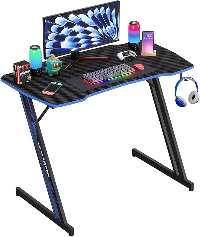 PayLessHere | 39" Gaming Table | Blue | Z-Shaped Computer Desk with Steel Frame, Headphone Hook, Adjustable Feet | Carbon Fiber Texture Surface, Sweat & Waterproof | for Gaming, Home Office