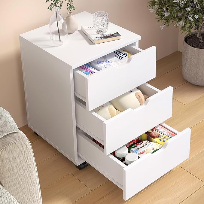 3 Drawer File Cabinet with Wheels, Heavy-Duty Steel Rolling Drawer Cabinet, Under Desk Filing Cabinet for Home Office Storage, 15.74" W x 15.74" D x 22.16" H (White)