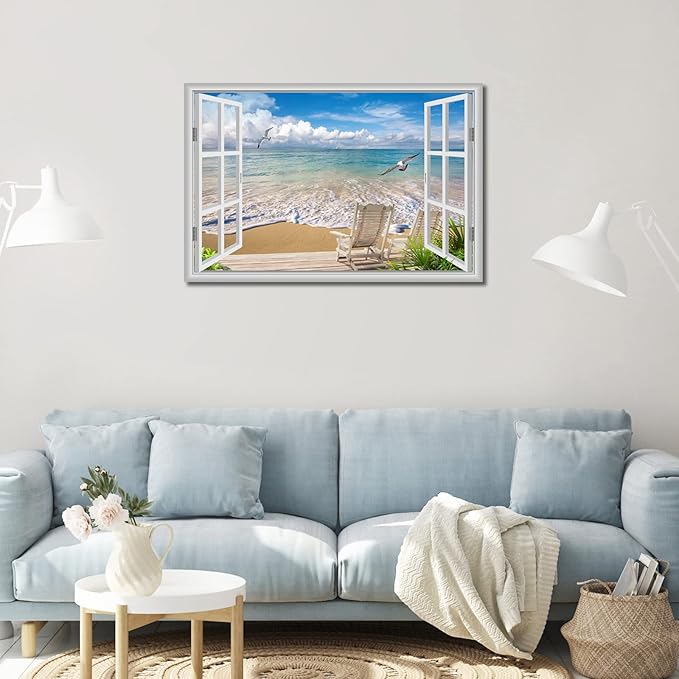 Large Beach Pictures Wall Art Canvas Print Artwork Blue Ocean Seascape Window frame Decor Living Room Bedroom Office 24 x36
