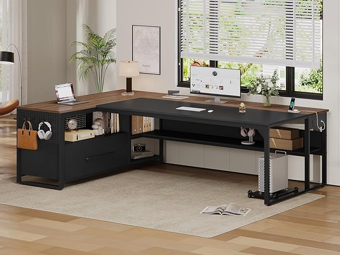 71" Executive Desk, Large Office Desk with Widen File Drawers & Power Outlets, Reversible L Shaped Computer Desk Corner Desk with Storage Shelves, CPU Stand, Hooks, Business Furniture (Walnut)